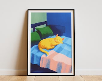 Burmese Cat Sleeping in Bed Matisse Style Painting Whimsical Pet Portrait Animal Art Print Cozy Bedroom Decor Abstract Feline Wall Art Gift