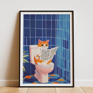 Impresión artística de gato turco Van en el inodoro leyendo el periódico, decoración de pared para baño, regalo divertido para amantes de los gatos, decoración novedosa para el hogar, regalo para amantes de los gatos