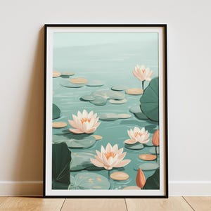 Water Lilies Lake Poster Botanical Art Print Calm Nature Peaceful Lily Pads Floral Wall Decor Home Decor Botanical Illustration Lily Flower