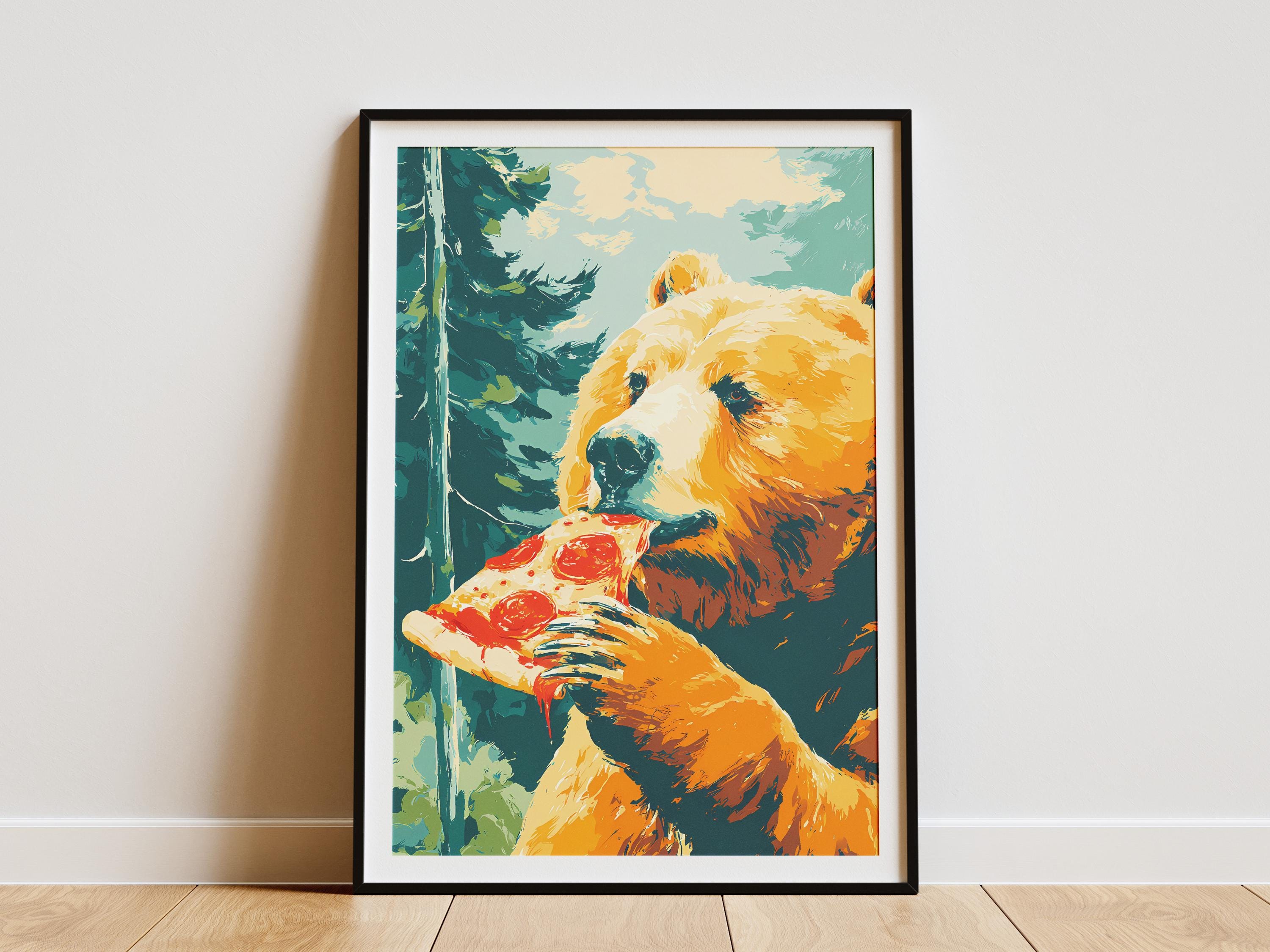 Whimsical Bear Eating Pizza Digital Art Print Funny Animal Forest