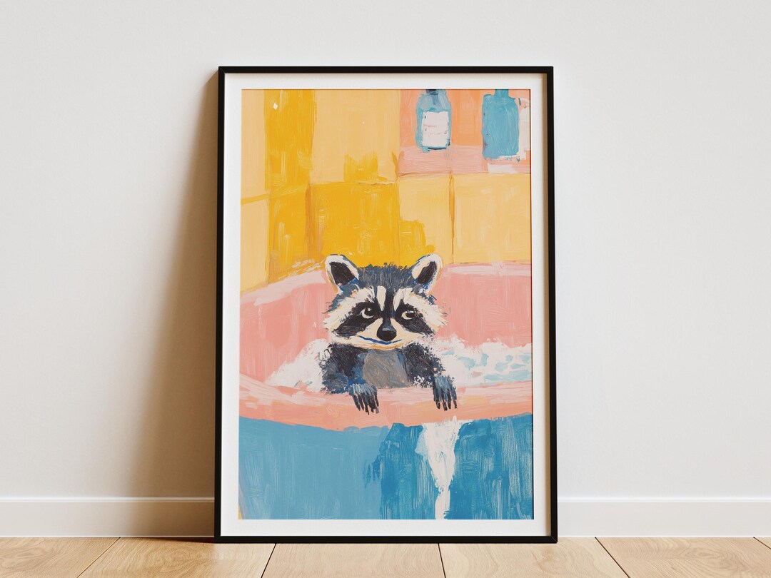 Cute Raccoon in Bathtub Paper Poster Funny Animal Print Bathroom Wall ...