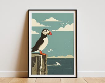 Vintage Coastal Puffin Poster Ocean Bird Art Print Mid Century Modern Wall Decor Seabird Home Decor