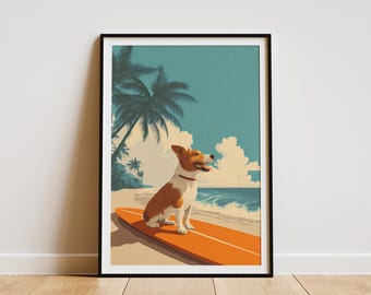May include: A framed art print featuring a dog sitting on an orange surfboard at the beach. The illustration has a retro style with palm trees, blue sky, and ocean waves. The dog is brown and white with a red collar.