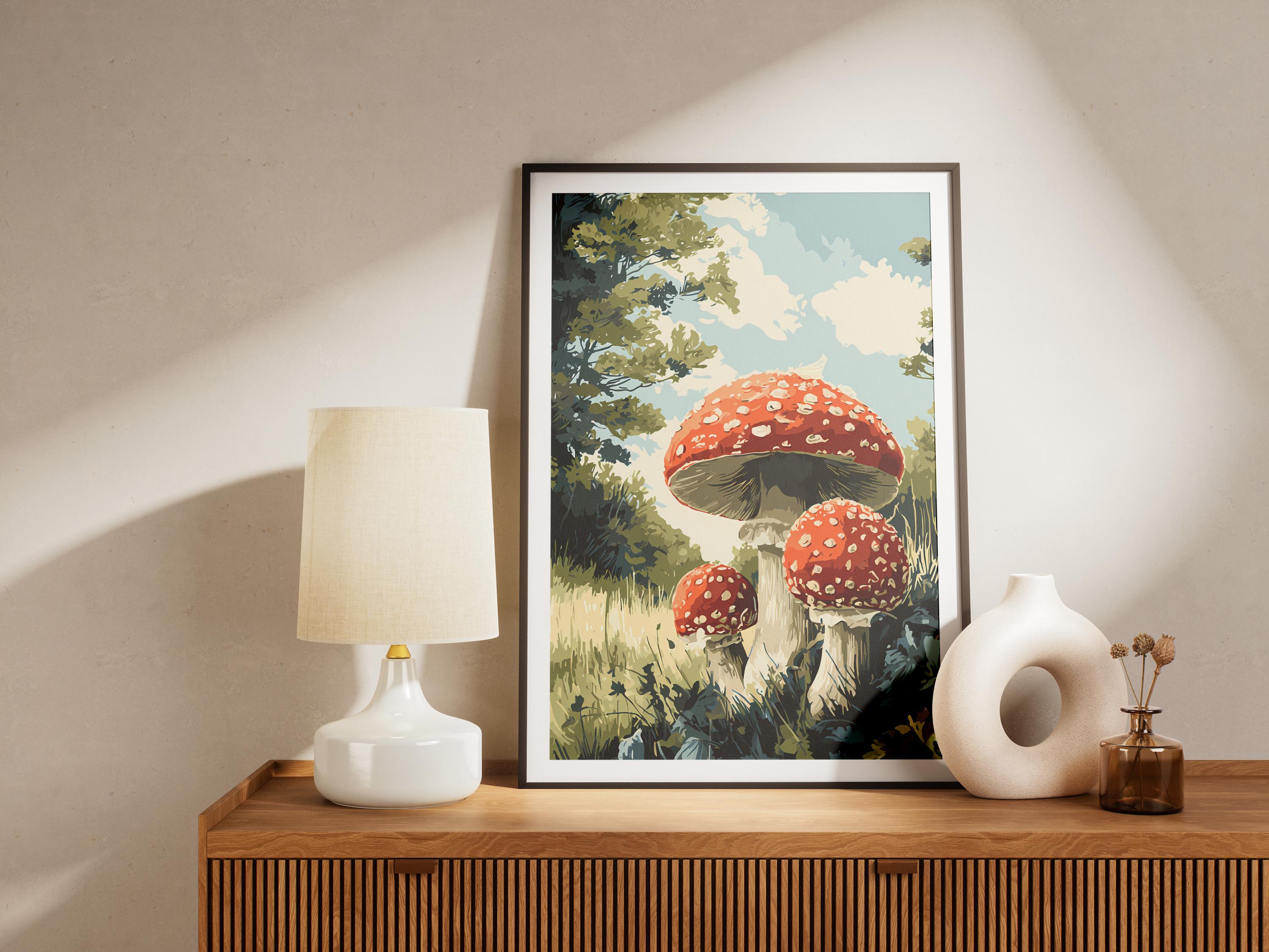 Red Mushroom Forest Blockprint Art Print Woodland Fungi Nature Lover ...