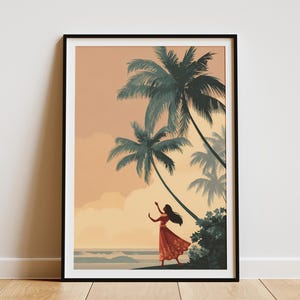 Hawaii Hula Dancer Poster Tropical Palm Tree Art Print Solo Hula Dancer Performing Under Palm Trees Hawaiian Wall Art Island Decor