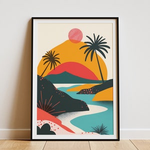 Póster de playa abstracto, arte moderno de mediados de siglo, decoración de pared, arte de pared minimalista con paisaje de atardecer y océano