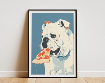 Funny Bulldog Pizza Lover Digital Art Print Quirky Dog Eating Pizza Wall Decor Unique Pet Illustration for Kitchen or Living Room Art