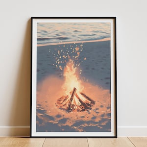 Strand vreugdevuur bij zonsondergang zomervakantie poster print warme avond gloed kust vuurplaats scène romantische strandkunst kampvuur aan de oceaan