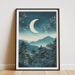 Póster de luna creciente con bosque de pinos, arte tradicional chino, impresión de naturaleza, arte mural, paisaje asiático, decoración celestial, vista serena del bosque
