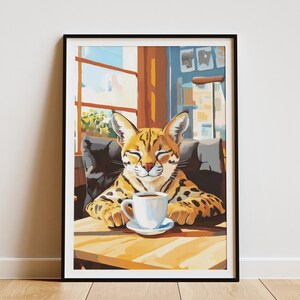 Serval Cat Art Print Cozy Cafe Coffee Lover Gift  Wall Art Poster Animal Illustration Whimsical Art Home Decor