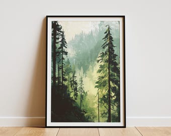May include: Framed art print featuring a forest scene with tall evergreen trees. The artwork has a painterly style with shades of green, yellow, and dark brown. The black frame adds a modern touch to the nature-themed print.