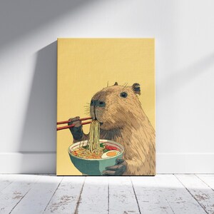 Cute Capybara Eating Ramen Noodles with Chopsticks Humorous Animal Wall Art Print for Kitchen Decor Unique Foodie Illustration Poster Gift image 5