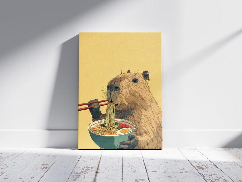 Cute Capybara Eating Ramen Noodles with Chopsticks Humorous Animal Wall Art Print for Kitchen Decor Unique Foodie Illustration Poster Gift image 5