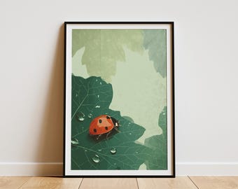 Żywy, biedronkowy, kroplowy liść, wydruk artystyczny inspirowany naturą, plakat botaniczny, nowoczesna ilustracja owada, pomysł na prezent dla miłośnika ogrodu