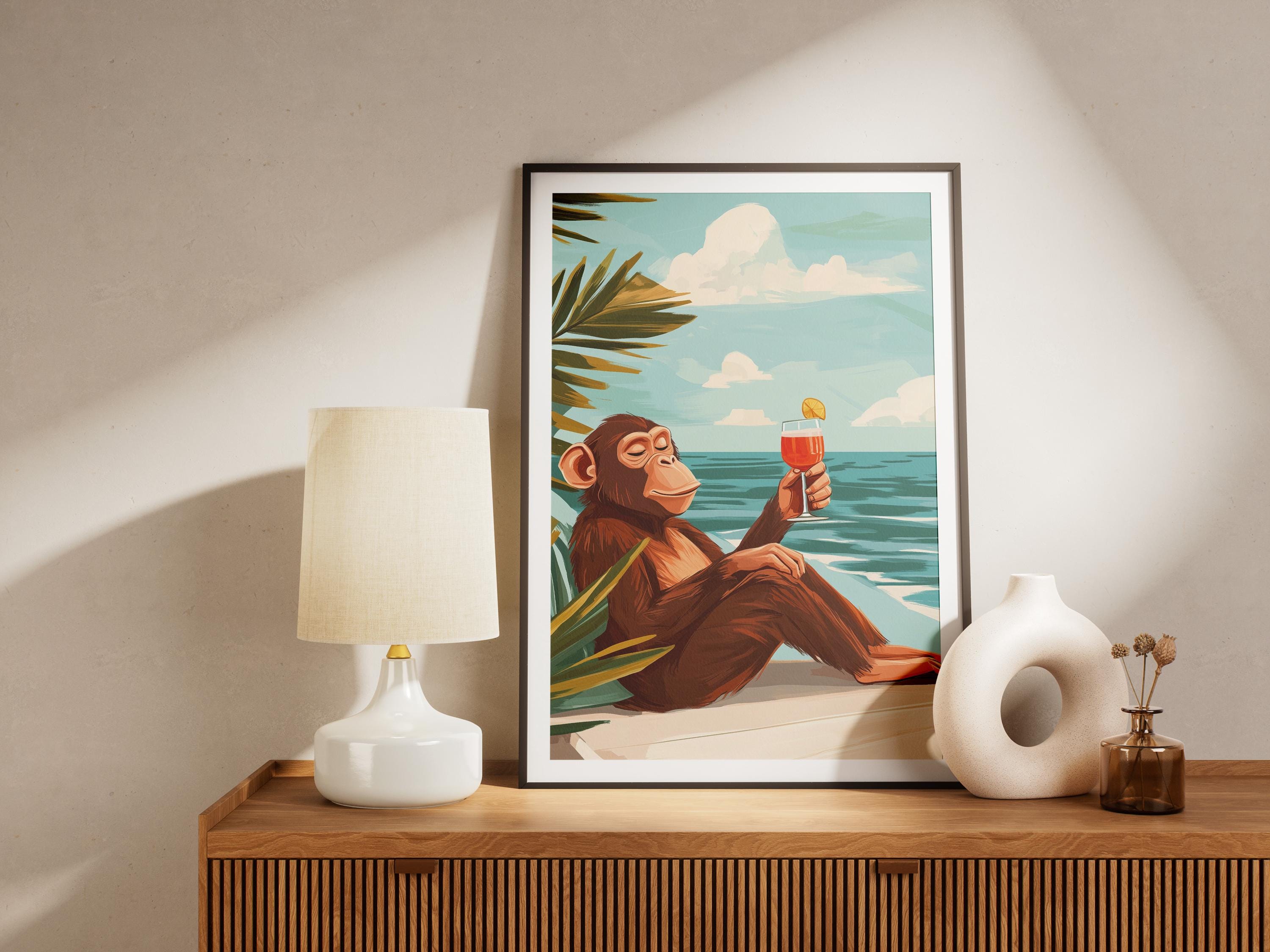 Chimpanzee Beach Poster Summer Monkey Print Tropical Animal Art