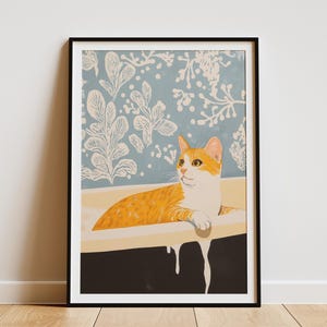 Impresión artística de gato oriental de pelo corto, póster de bañera de espuma, lindo gatito, arte de pared, decoración de baño, regalo único para amantes de los gatos, ilustración divertida de animales