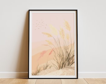 Beach Grass Dune Landscape Print Botanical Wall Art Modern Minimalist Home Decor Pastel Pink Beige Grassy Poster Sandy Shore