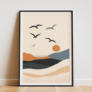 Impresión de paisaje de puesta de sol de gaviota, arte de pared, vista al mar, playa, decoración del hogar, impresión bohemia costera, póster de paisaje marino abstracto moderno, calma