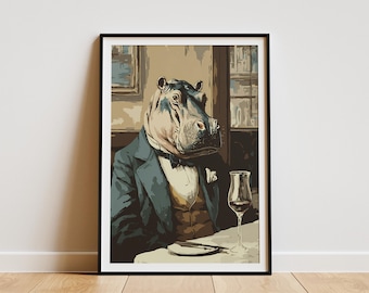 May include: Framed art print of a hippo in a suit, seated at a table with a glass of red wine. The hippo wears a dark blue suit jacket, a brown waistcoat, and a bow tie. A white napkin and cutlery are on the table.
