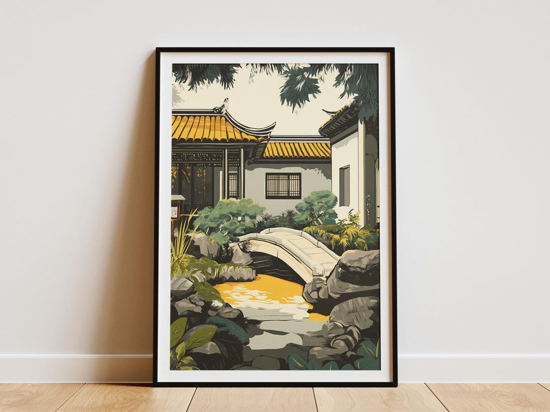 Japanese Garden Poster Asian Zen Garden Art Print Stone Bridge ...