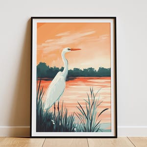 Póster de pájaro garza, atardecer en el lago, naranja y verde azulado, impresión artística de la naturaleza, regalo para amantes de las aves, decoración de pared de animales, decoración moderna para el hogar, decoración costera, playa