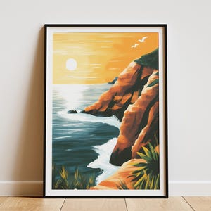 Poster con stampa di paesaggi costieri con scogliere al tramonto sull'oceano, tavolozza di colori arancione e verde acqua, arte murale minimalista moderna, arredamento per la casa sulla spiaggia, estate