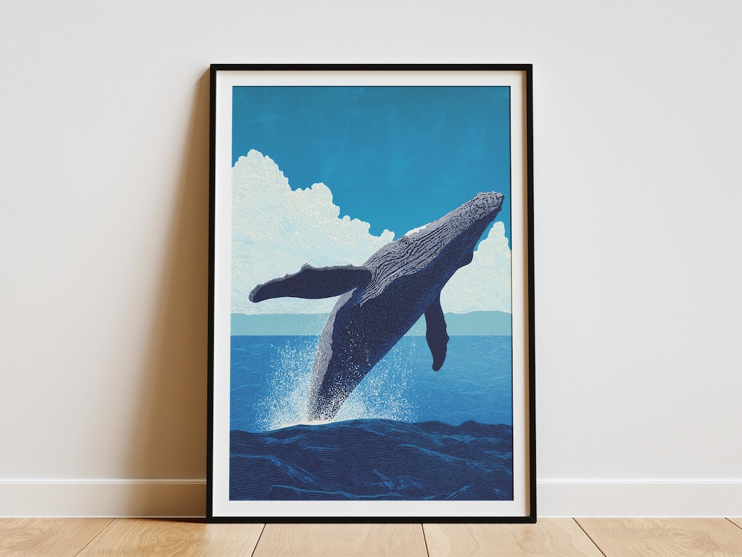 Humpback Whale Breaching Art Print Hawaiian Decor Ocean Coastal Wall ...