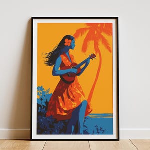 Hula Girl Ukulele Poster Hawaiian Art Print Vintage Style Travel Poster Tropical Wall Art Retro Hula Girl Print Hawaiian Vacation Art