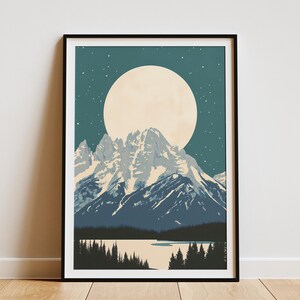 Grand Teton National Park Wyoming Moonlit Scene Poster Mondlandschaft Print Bergwandkunst Wyoming Kunstdruck Reiseposter Home Decor