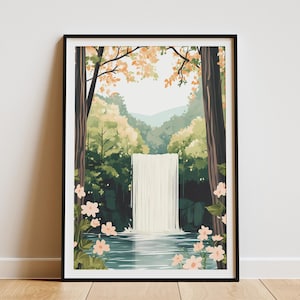 Póster de bosque con cascada, impresión artística de naturaleza, escena de bosque con cascada tranquila, arte de pared moderno, impresión botánica, naturaleza pacífica, decoración verde y blanca