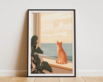 Orange Cat by Windowsill Ocean View Summer Sunset Beach Coastal Cat Art Print Summer Home Decor Orange Tabby Cat Poster Cute Pet Print