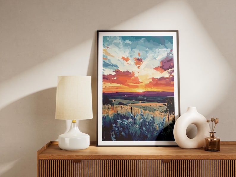 Impresión artística de paisaje al atardecer de Texas Hill Country, decoración de pared de Texas, impresión artística del suroeste, decoración del hogar de Texas, pintura al atardecer, póster, regalo de Texas imagen 2