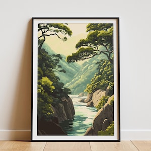 Yakushima Island Japan Poster Grün Natur Fluss Landschaft Kunstdruck Japanischer Wald Minimalist Illustration Reiseposter ruhige Natur