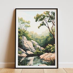Póster de bosque brumoso, impresión de bosques brumosos, arte de pared de naturaleza tranquila, imagen de paisaje sereno, escena de bosque pacífico, decoración de naturaleza tranquila moderna