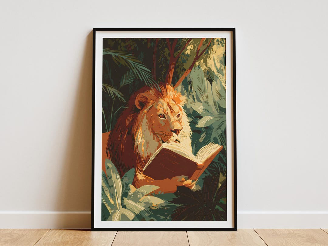 Majestic Lion Reading Book Art Print Whimsical Animal Portrait Wall ...