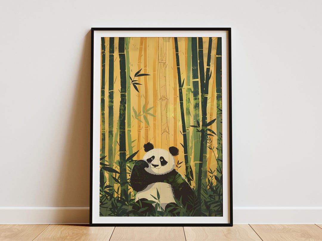 Cute Panda Poster Minimalist Animal Art Print Black White Bamboo Forest ...