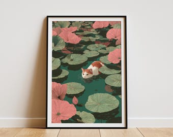 May include: Framed art print featuring a whimsical illustration of a cat swimming in a pond filled with lily pads and pink flowers. The cat has orange and white fur. The water is a deep teal color, creating a serene and artistic scene.