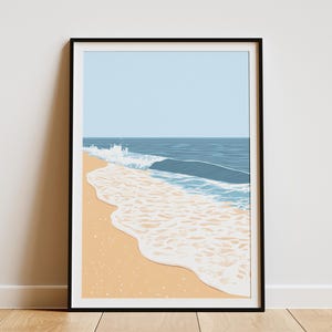 Póster de olas de playa, impresión oceánica, arte de pared costero, decoración de verano, arte minimalista moderno, paisaje marino abstracto, impresión de costa beige y azul, arena