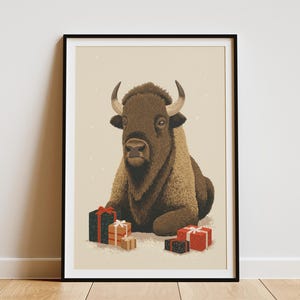 Majestic Bison Christmas Art Print Cozy Winter Holiday Wall Decor with Gift Boxes and Snow Unique Animal Illustration Poster