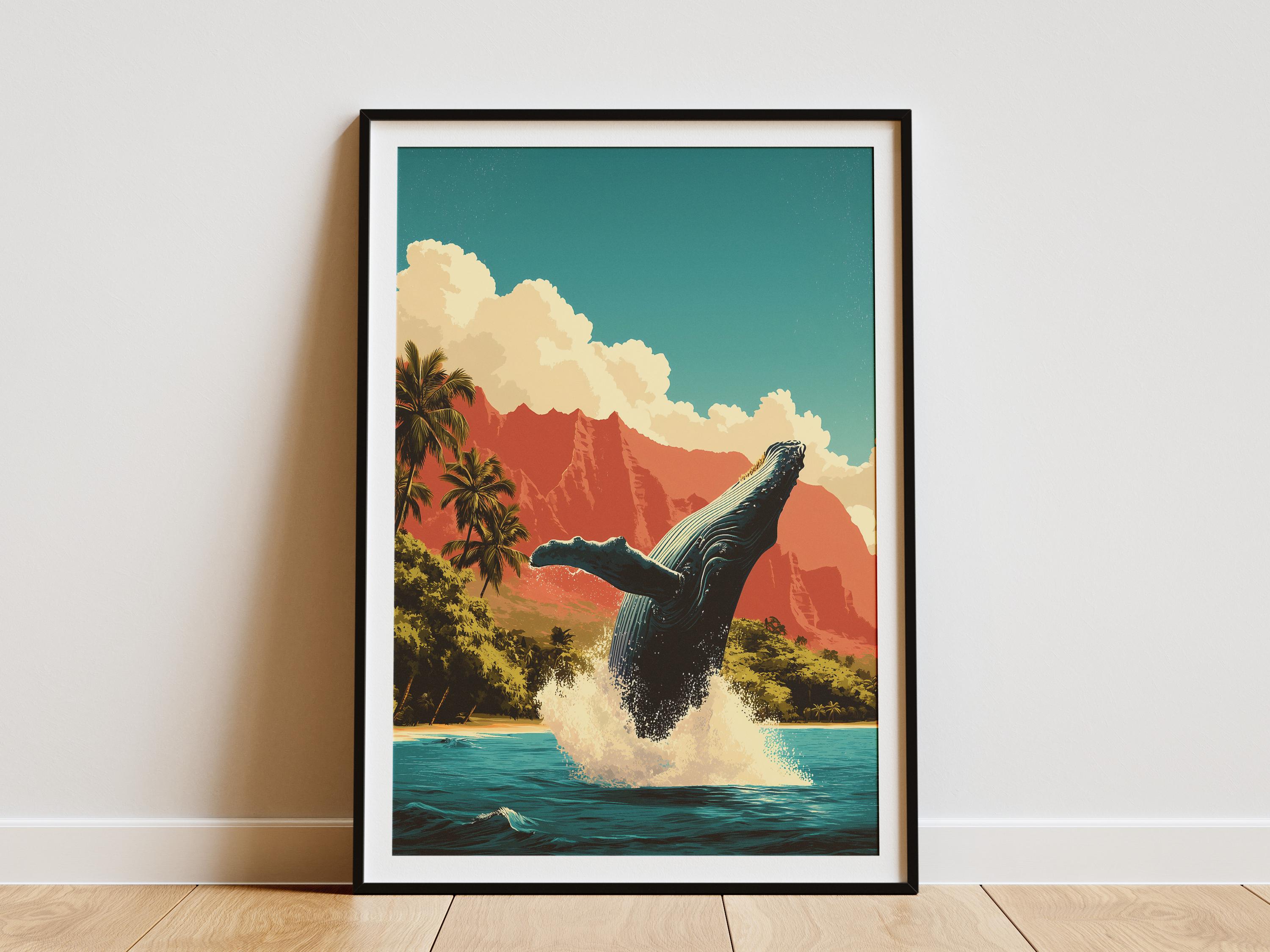 Humpback Whale Breaching Hawaii Ocean Art Print Coastal Tropical