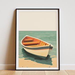 Bote de remos en la orilla, vacaciones de verano, arte náutico de playa, impresión, calma, costa, minimalista, póster de barco, obra de arte de paisaje marino de agua de océano
