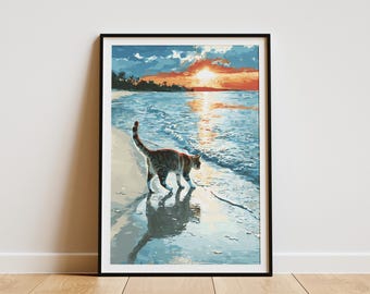 Ragdoll Cat Sunset Beach Print Ocean Wall Art Tropical Feline Seaside Adventure Artwork Coastal Home Decor Warm Evening Glow Poster Gift