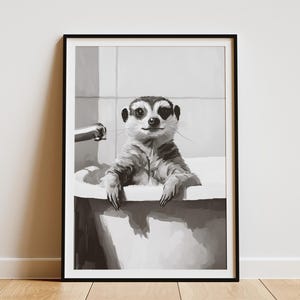 Meerkat Bathtime Poster Animal Print Minimalist Bathroom Wall Art Cute Meerkat in Tub Bubble Bath Art Funny Animal Home Decor