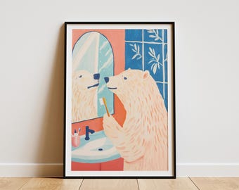 Cute Polar Bear Bathroom Print Adorable Animal Wall Art Modern Minimalist Home Decor Funny Bear Poster Whimsical Animal Illustration