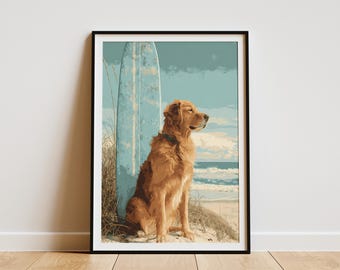 Golden Retriever Strand Surf Kunstdruck Küsten Hund Liebhaber Geschenk Vintage Surfbrett Meer Poster Haustier Porträt Wand Dekor Strand Haus Kunstwerk