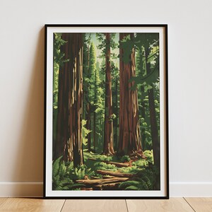 California Redwood Forest Poster Druck Vintage Reiseplakat Mid-Century Modern Nature Art