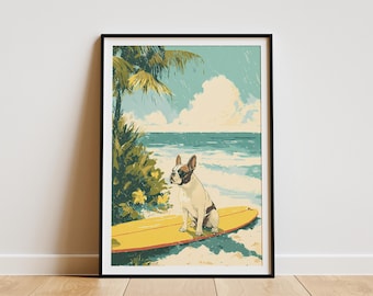 May include: Framed art print featuring a French Bulldog sitting on a yellow surfboard at the beach. The artwork has a vintage, illustrated style with a blue ocean, palm trees, and a sandy shore. The dog is white and brown.