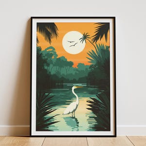 Póster del Parque Nacional Everglades Impresión de la naturaleza de Florida Póster de viaje retro Arte de vida silvestre vintage Póster de aves Garza real Paisaje tropical