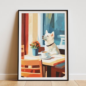 Husky Hund Cafe Kunstdruck Matisse Stil Ölgemälde Kaffee Liebhaber Geschenk Gemütliches Wohnkultur Tier Kunst Poster Küche Wandkunst Einzigartiger Hundedruck