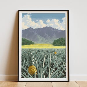 Pineapple Fields Poster Hawaiian Mountain View Print Tropical Island Art Vacation Home Decor Pineapple Wall Art Hawaii Souvenir Print